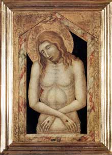 Pietro Lorenzetti : Le Christ aux outrages. Vers 1330. Tempera sur bois, 32 x 52 cm. (avec le cadre originel). Altenbourg Lindenau Museum