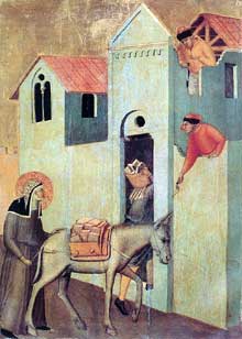  Pietro Lorenzetti : La bienheureuse Umilta transporte des briques au monastère. Vers 1341. Huile sur bois, 45 x 32 cm. Florence, les Offices