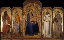 Luca di Tomme : Vierge à l’enfant avec des Saints. 1362. Tempera sur panneau de bois, 191 x 297 cm. Sienne, Pinacothèque Nationale