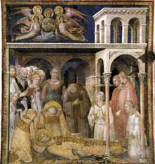 Simone Martini : la mort de Saint Martin (scène 9). 1312-1317. Assise, chapelle Saint Martin, église inférieure Saint François