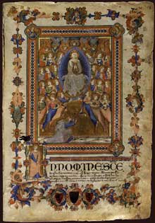 Niccolo ser Sozzo : La vierge de l’Assomption. 1336-1338. Enluminure de manuscrit, 43,6 x 30,5 cm. Sienne, archives de l’Etat, Palazzo Piccolomini