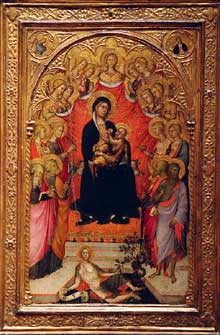  Paolo di Giovanni Fei : Vierge et enfant entourée de Saints. Vers 1390. Tempera sur bois. New York, Metropolitan Museu