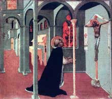 Sassetta : Saint Thomas en prière devant la croix. Panneau de la prédelle du polyptyque de la corporation des Lainiers. 25 x 28,8 cm. Vatican, pinacothèque
