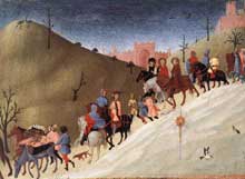 Sassetta : la journée des Mages. Vers 1435. Tempera et or sur bois, 21,6 x 29,9 cm. New York, Metropolitan Museum of Art