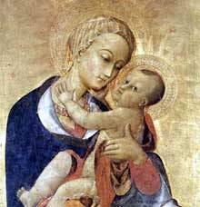 Sassetta : Vierge à l’enfant et quatre saints, détail : la vierge. Vers 1435. Tempera sur bois, 132 x 52 cm. Cortone, Musée Diocésain