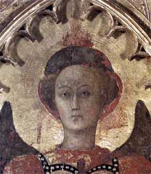 Sassetta : Vierge à l’enfant et quatre saints, détail : la tête de saint Michel. Vers 1435. Tempera sur bois, 132 x 52 cm. Cortone, Musée Diocésain