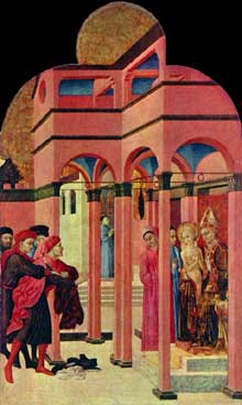 Sassetta : saint François renie son père terreste. Panneau de la face arrière du retable de Borgo san Sepolcro. 1437-1444. Tempera à l’oeuf sur peuplier, 88 x 53 cm. Londres, National Gallery