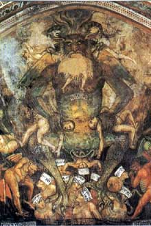 Taddeo di Bartolo : Lucifer. Détail de la fresque du Jugement dernier à la collégiale de San Gimignano