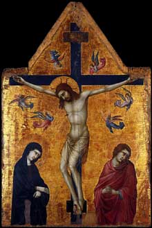 Ugolino da Nerio : Crucifixion avec la vierge et saint Jean l’Evangéliste. 1330-1335. Tempera sur panneau de bois, 135 x 90 cm. Madrid, Museo Thyssen-Bornemisza