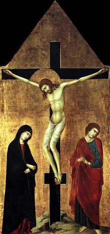 Ugolino da Nerio : Crucifixion avec la vierge et saint Jean l’Evangéliste. Panneau de bois, 105 x 48 cm.Collection privée