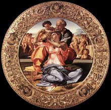 Doni tondo. La sainte Famille avec l’enfant Jean le Baptiste. Vers 1503-1506. Vue d’ensemble. Tempera sur panneau. Diamètre : 120 cm. Galerie des Offices, Florenc