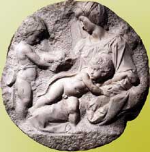 Madone et Jésus avec Jean Baptiste enfant (Taddei Tondo). 1505-1506. Marbre, diamètre 82,5 cm. Académie royale des arts, Londres